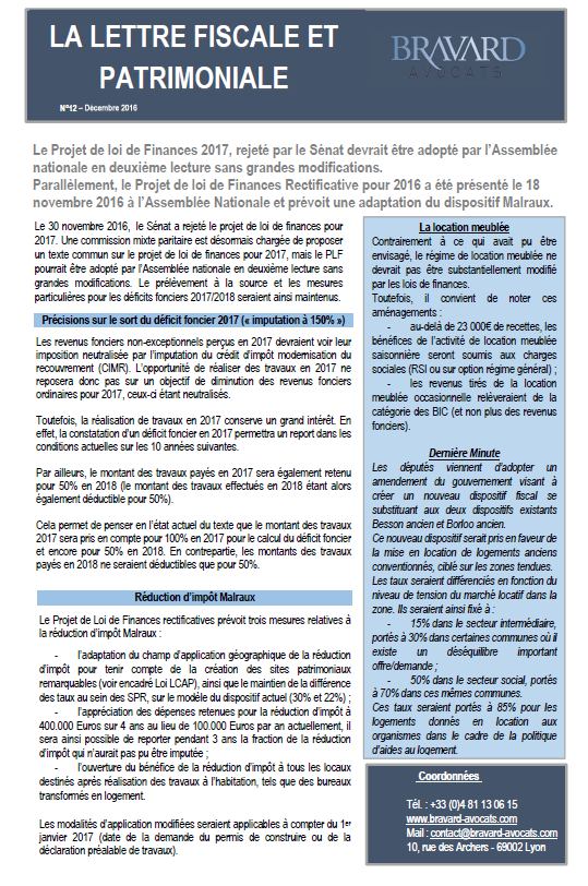 Lettre fiscale et patrimoniale n°12 - Dernières actualités législatives en matière fiscale